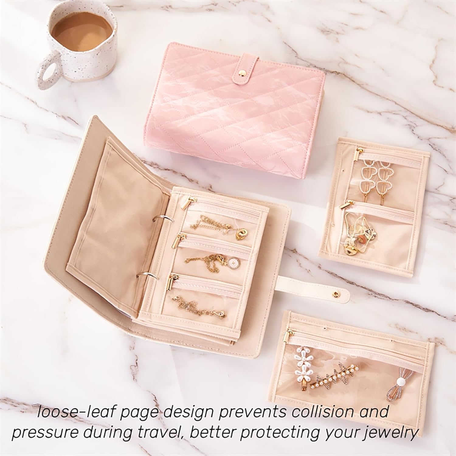 Travel Jewelry Organizer Case Foldable Storage Roll Jewelry Storage Book Ring Binder for Rings, Necklaces, Earrings, Bracelets, Perfect for Travel and Daily Use (Pink)