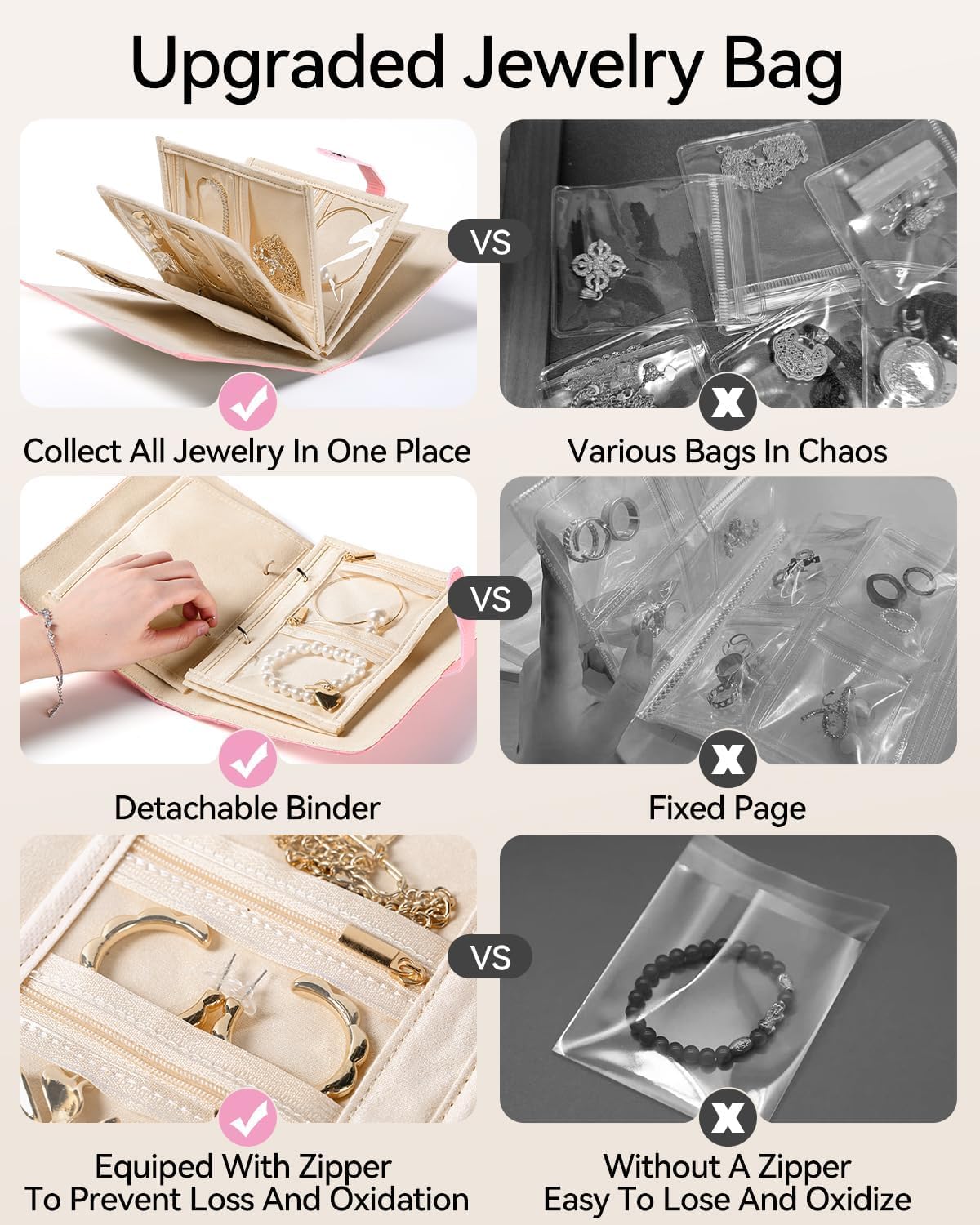 Travel Jewelry Organizer Case Foldable Storage Roll Jewelry Storage Book Ring Binder for Rings, Necklaces, Earrings, Bracelets, Perfect for Travel and Daily Use (Pink)