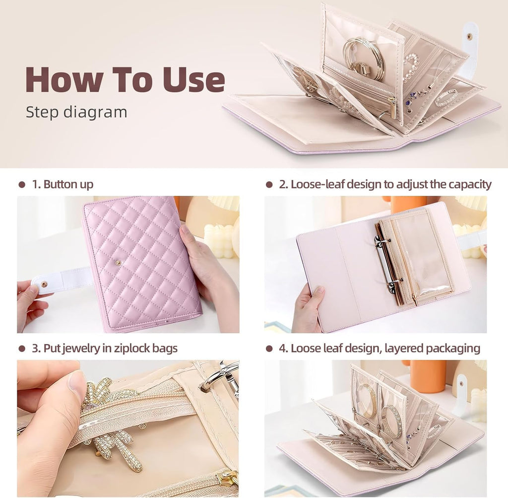Travel Jewelry Organizer Case Foldable Storage Roll Jewelry Storage Book Ring Binder for Rings, Necklaces, Earrings, Bracelets, Perfect for Travel and Daily Use (Pink)