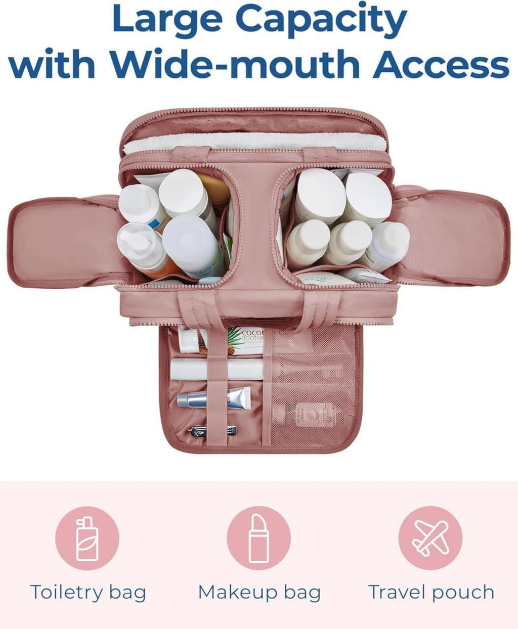 4 in 1 Toiletry Bag Multi Functional Toiletry Bag for Women, Large Capacity Travel Toiletry Bag, Multi-Compartment Makeup Organiser with Elastic Brush Holders, Wide-Mouth Design