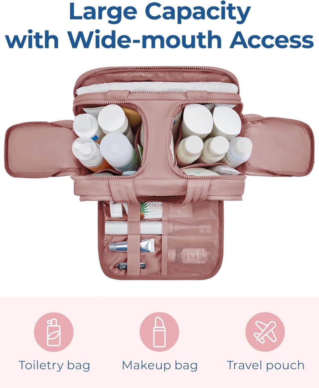 4 in 1 Toiletry Bag Multi Functional Toiletry Bag for Women, Large Capacity Travel Toiletry Bag, Multi-Compartment Makeup Organiser with Elastic Brush Holders, Wide-Mouth Design