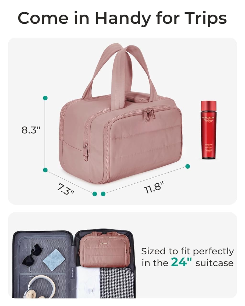 4 in 1 Toiletry Bag Multi Functional Toiletry Bag for Women, Large Capacity Travel Toiletry Bag, Multi-Compartment Makeup Organiser with Elastic Brush Holders, Wide-Mouth Design