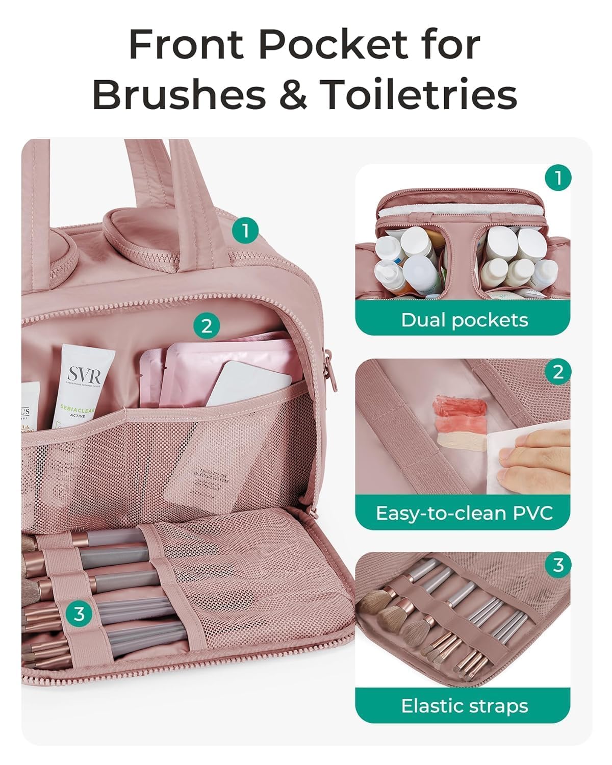 4 in 1 Toiletry Bag Multi Functional Toiletry Bag for Women, Large Capacity Travel Toiletry Bag, Multi-Compartment Makeup Organiser with Elastic Brush Holders, Wide-Mouth Design
