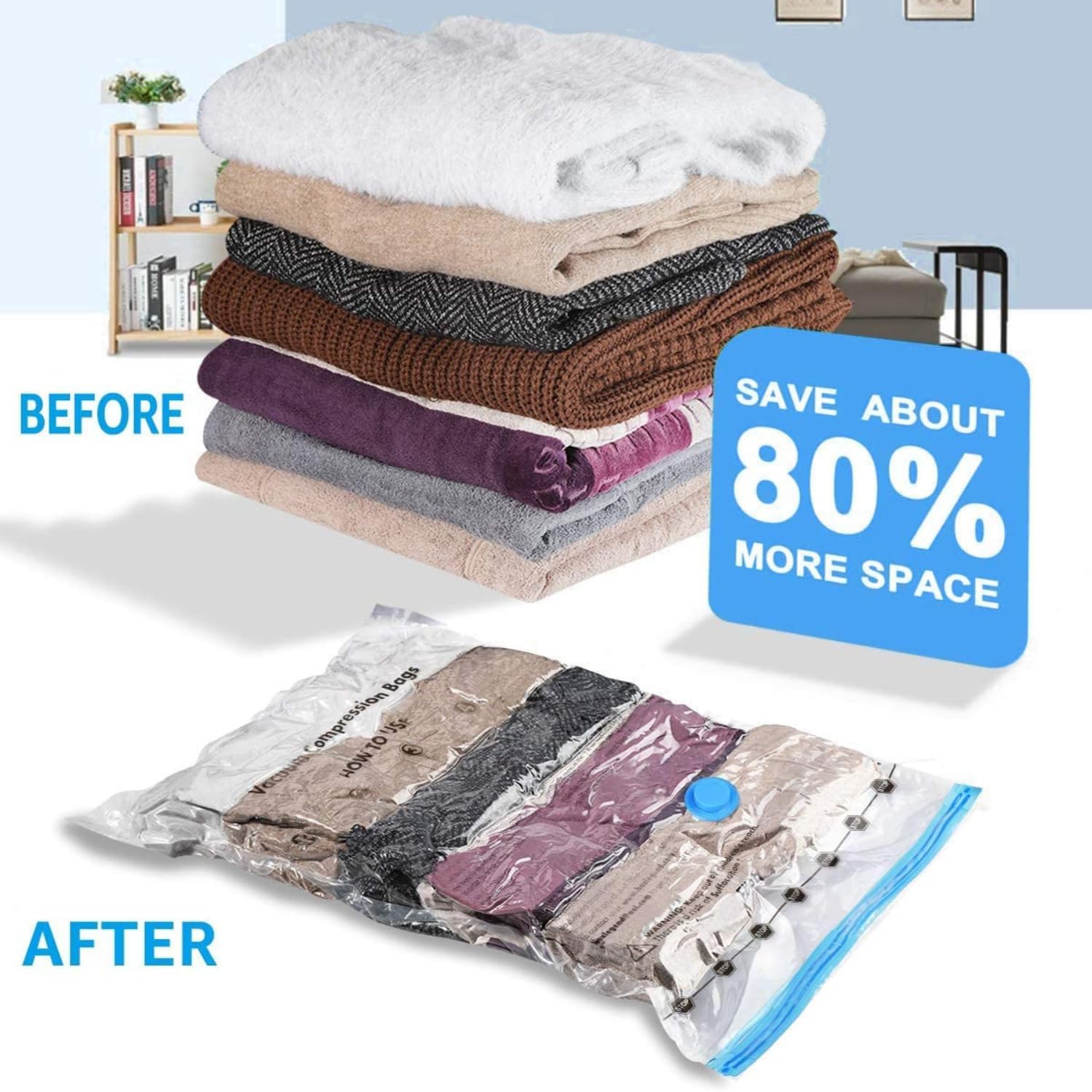 Vacuum Storage Bags for Clothes with Hand Pump – 5-Pack Space Saver Bags for Travel & Home – Self-Compression Organizer for Blankets, Comforters, Jackets & Sweaters
