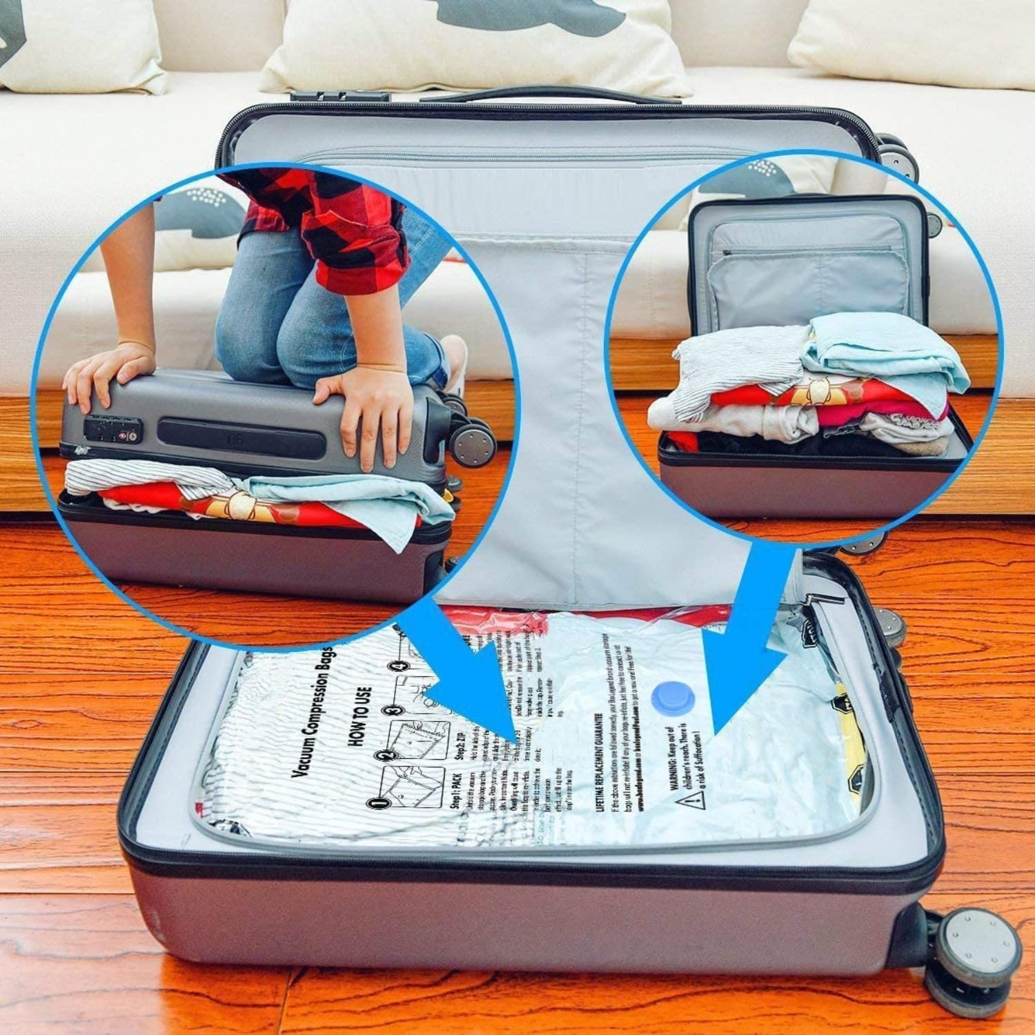 Vacuum Storage Bags for Clothes with Hand Pump – 5-Pack Space Saver Bags for Travel & Home – Self-Compression Organizer for Blankets, Comforters, Jackets & Sweaters