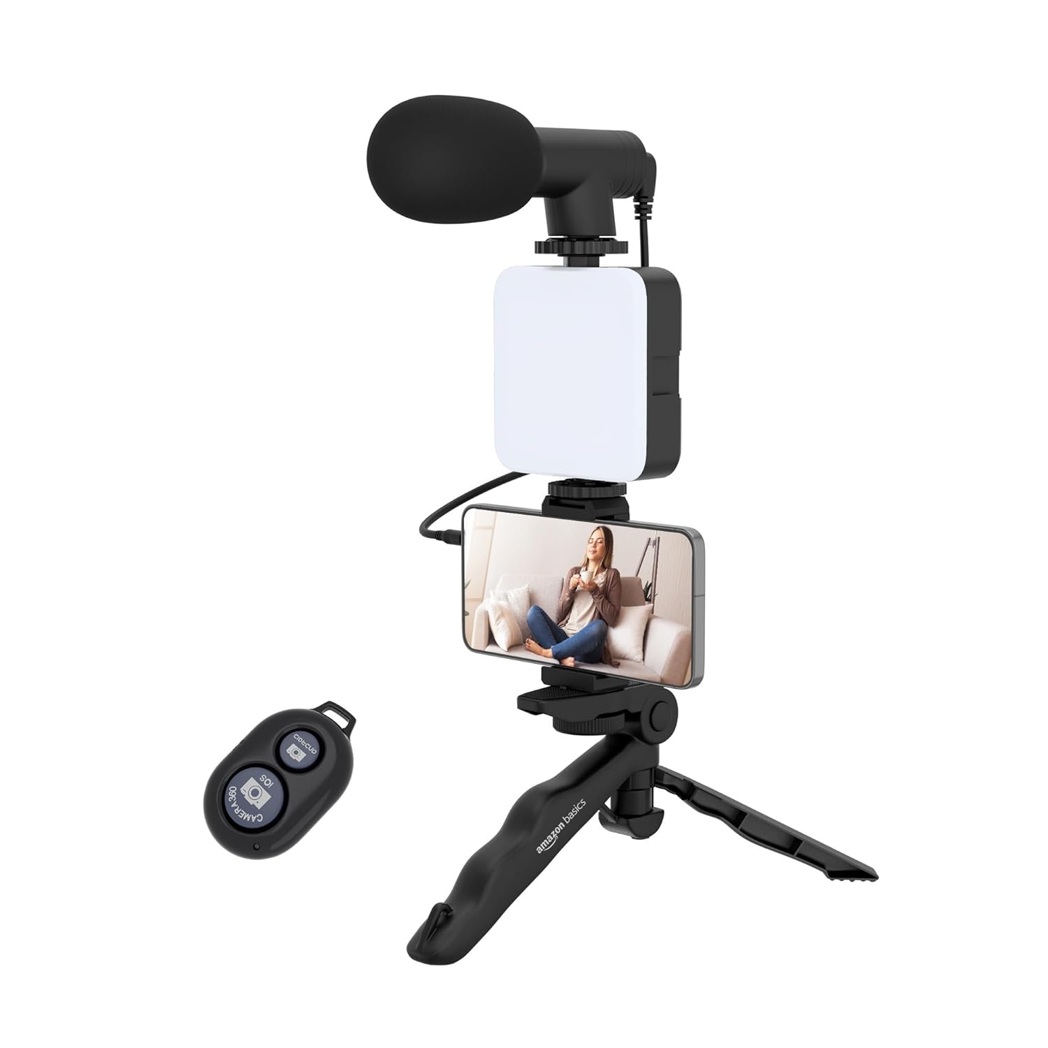 Vlogging Kit 6 in 1 for iPhone, Android (with Tripod), Mini LED + Cardioid Microphone + Phone Clip + Tripod for Live Broadcasting, Video Calling, Vlogging, YouTube, Instagram