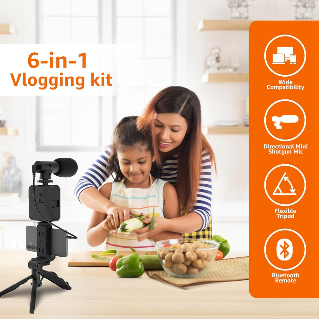 Vlogging Kit 6 in 1 for iPhone, Android (with Tripod), Mini LED + Cardioid Microphone + Phone Clip + Tripod for Live Broadcasting, Video Calling, Vlogging, YouTube, Instagram