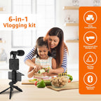 Vlogging Kit 6 in 1 for iPhone, Android (with Tripod), Mini LED + Cardioid Microphone + Phone Clip + Tripod for Live Broadcasting, Video Calling, Vlogging, YouTube, Instagram