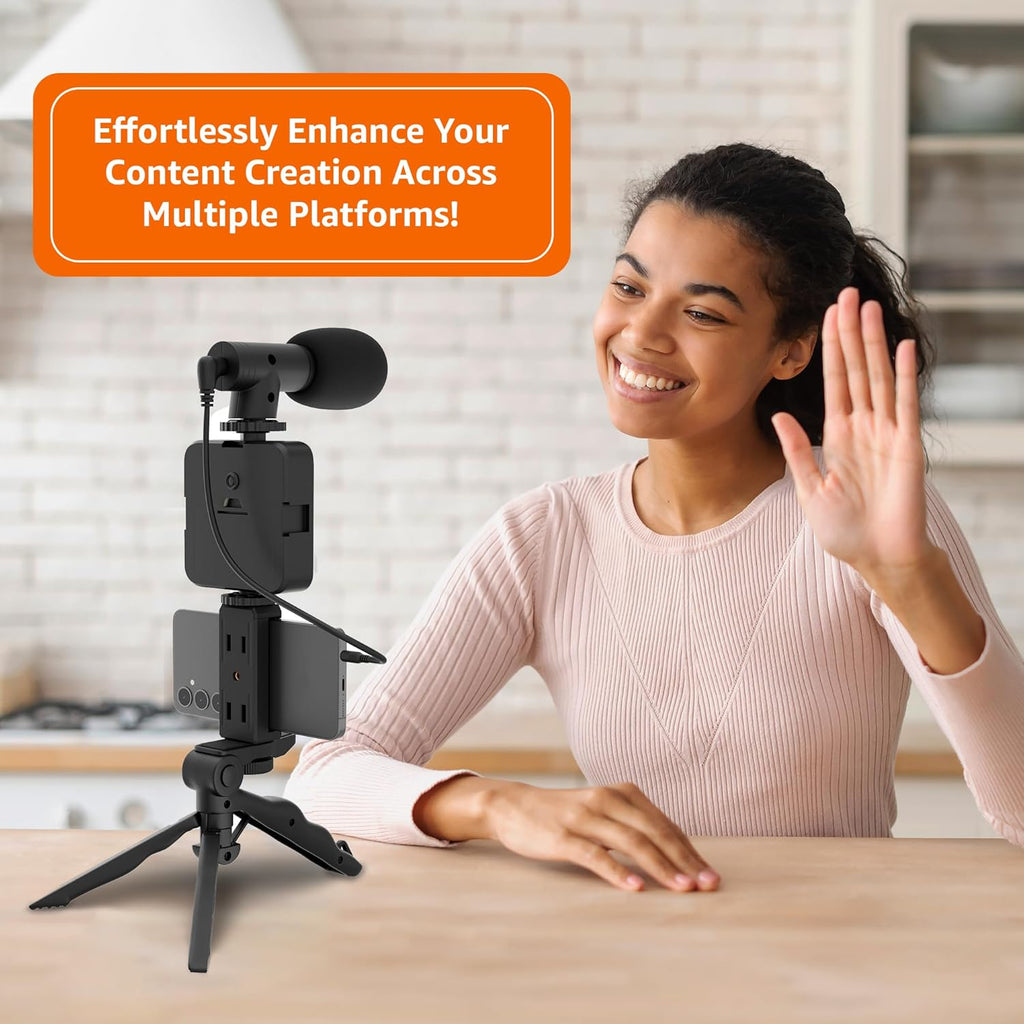 Vlogging Kit 6 in 1 for iPhone, Android (with Tripod), Mini LED + Cardioid Microphone + Phone Clip + Tripod for Live Broadcasting, Video Calling, Vlogging, YouTube, Instagram