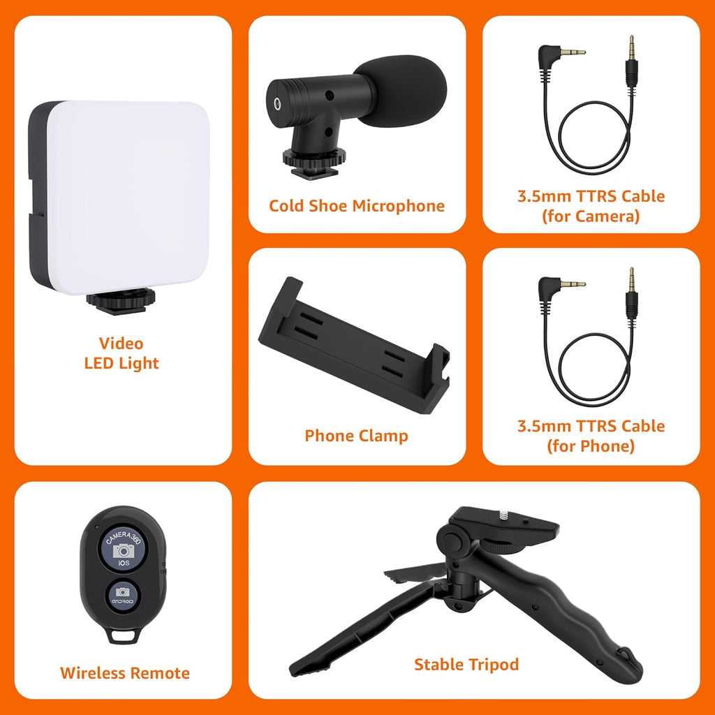Vlogging Kit 6 in 1 for iPhone, Android (with Tripod), Mini LED + Cardioid Microphone + Phone Clip + Tripod for Live Broadcasting, Video Calling, Vlogging, YouTube, Instagram