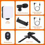Vlogging Kit 6 in 1 for iPhone, Android (with Tripod), Mini LED + Cardioid Microphone + Phone Clip + Tripod for Live Broadcasting, Video Calling, Vlogging, YouTube, Instagram