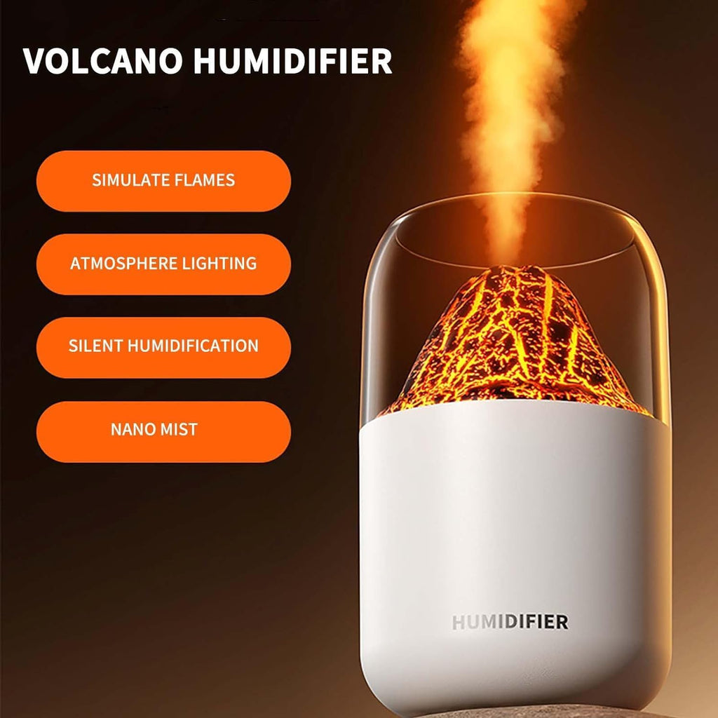 Volcano Humidifier with LED Flame Effect | Cool Mist Aroma Diffuser for Home, Office & Bedroom | Silent Operation, Auto Shut-Off & Night Light Function