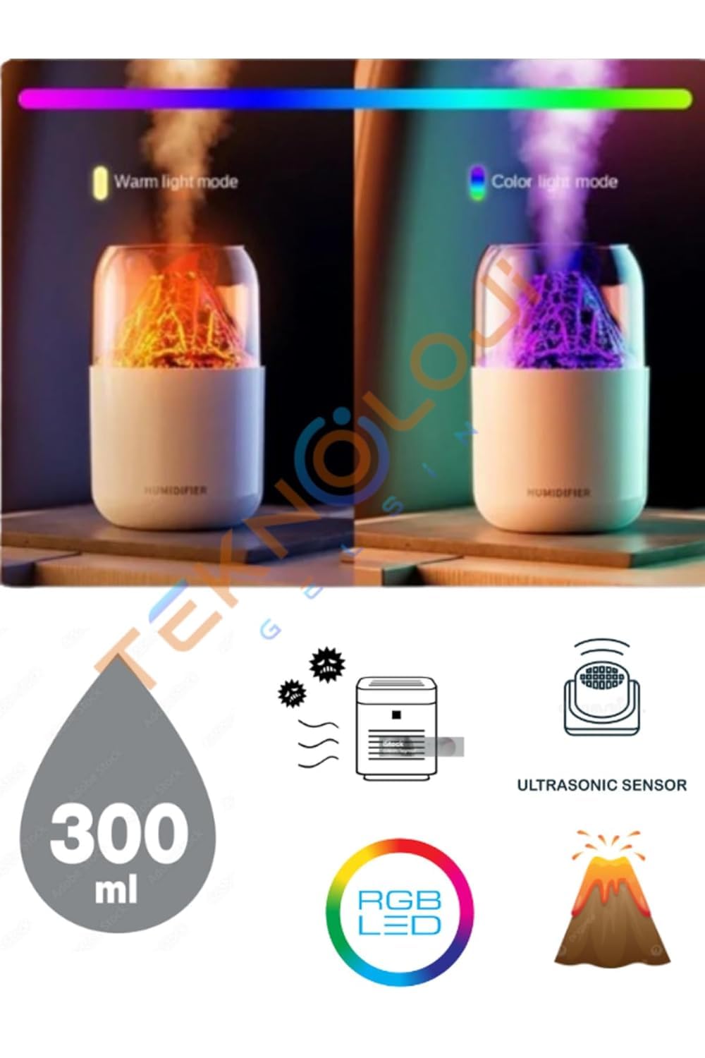 Volcano Humidifier with LED Flame Effect | Cool Mist Aroma Diffuser for Home, Office & Bedroom | Silent Operation, Auto Shut-Off & Night Light Function