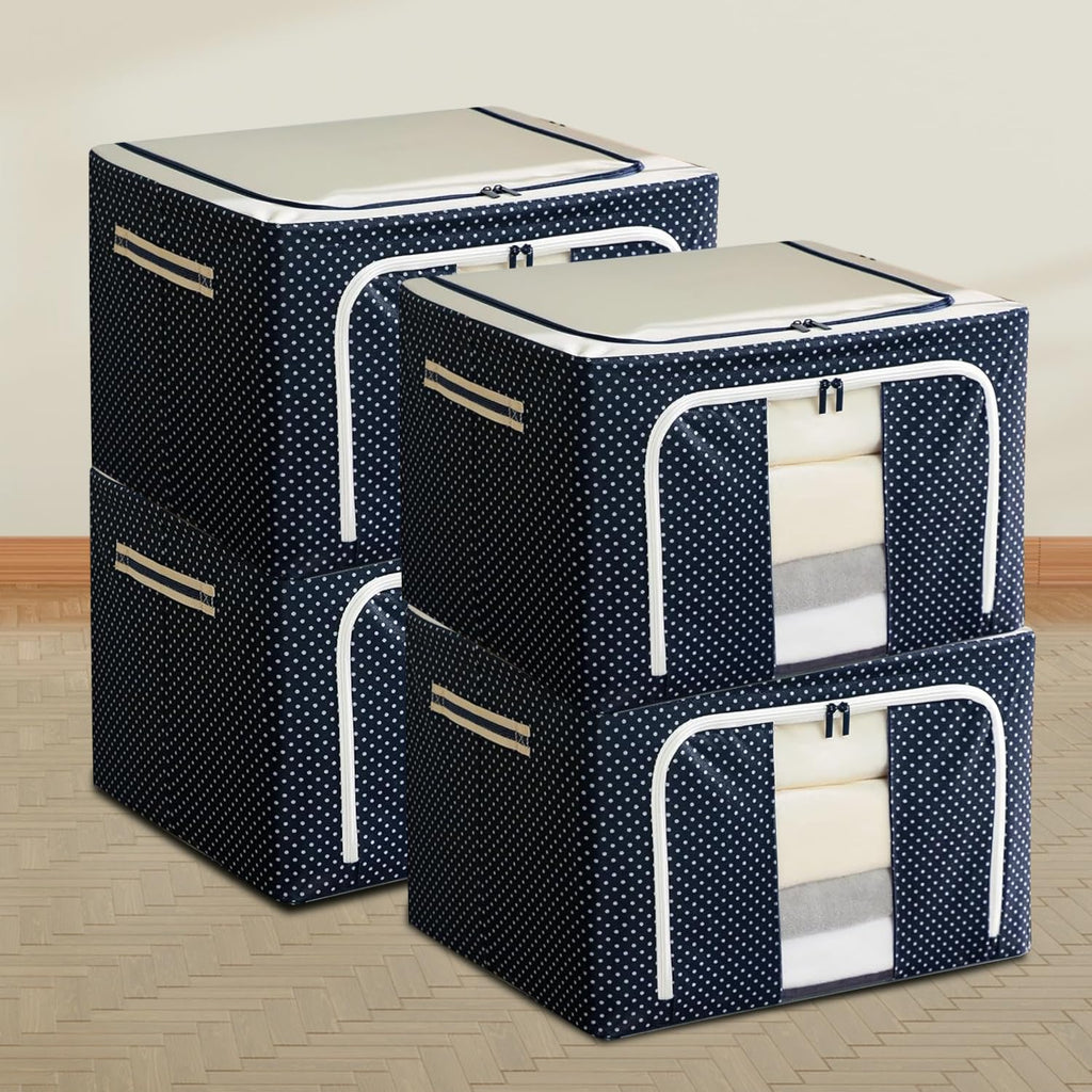 Wardrobe Organizer Storage Box Pack of 04 (50×40×22 cm), Foldable Clothes Storage with Zipper & Handle, Blue