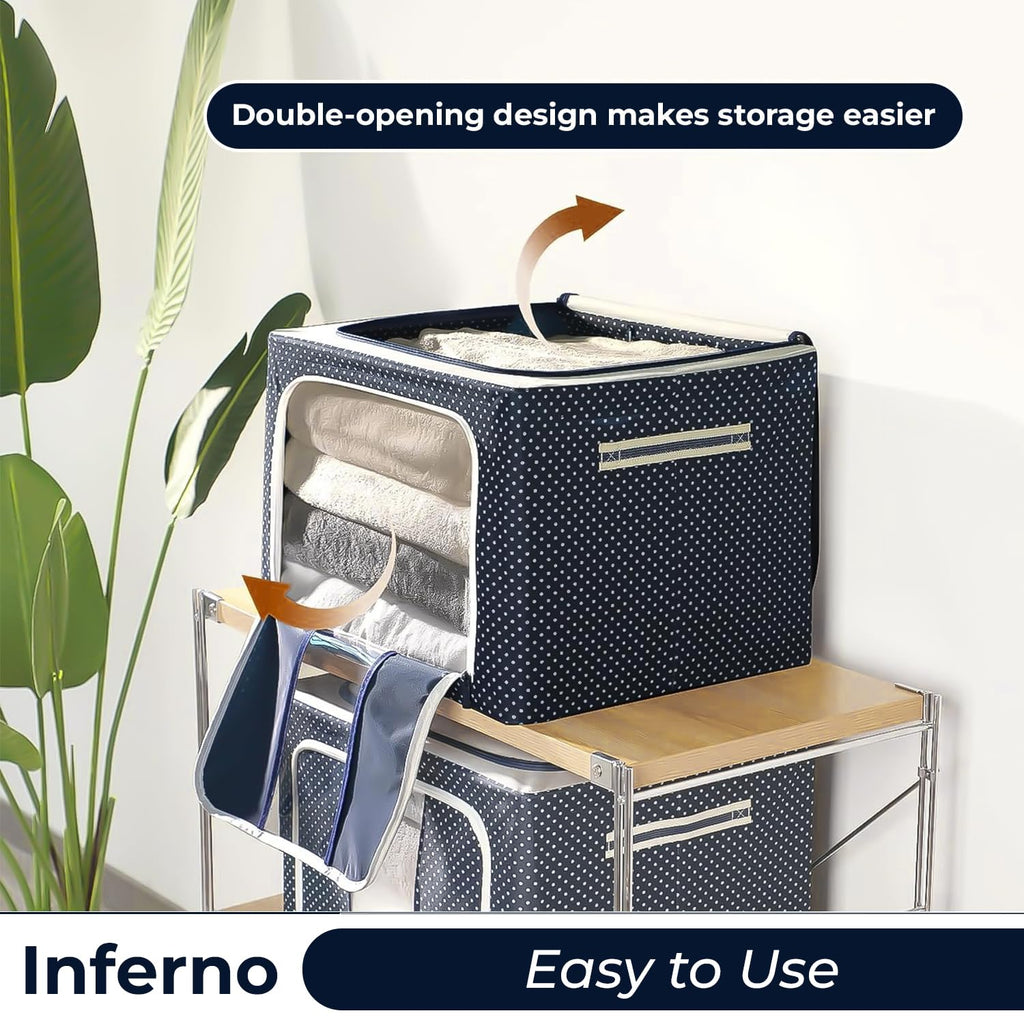 Wardrobe Organizer Storage Box Pack of 04 (50×40×22 cm), Foldable Clothes Storage with Zipper & Handle, Blue