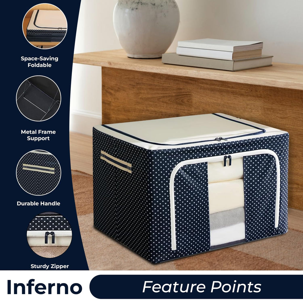 Wardrobe Organizer Storage Box Pack of 04 (50×40×22 cm), Foldable Clothes Storage with Zipper & Handle, Blue