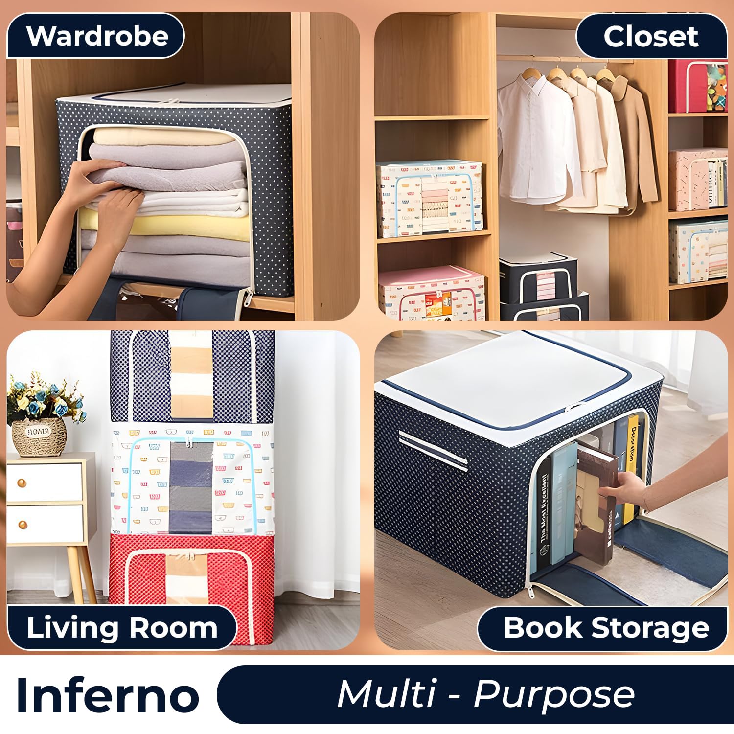 Wardrobe Organizer Storage Box Pack of 04 (50×40×22 cm), Foldable Clothes Storage with Zipper & Handle, Blue