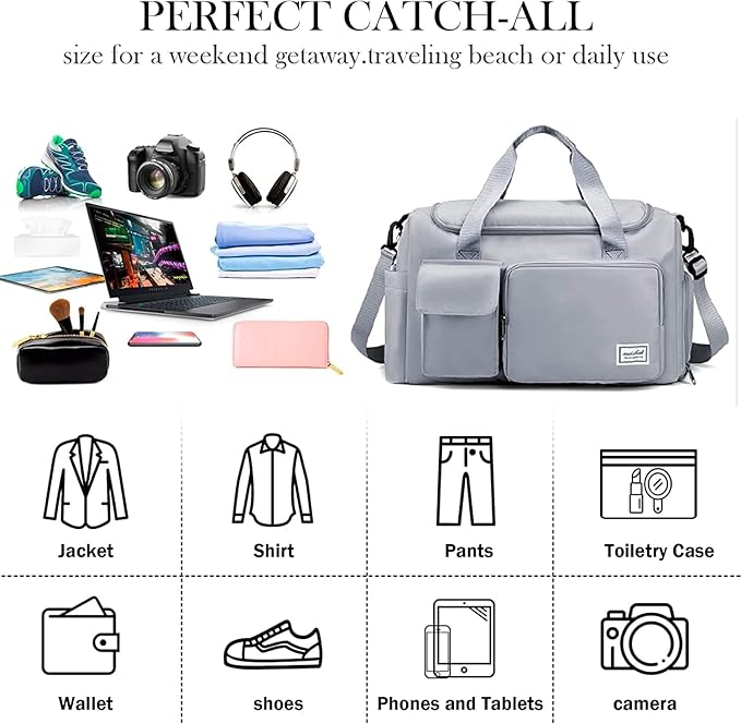 Nylon 24 Liter Travel Bag for Women Duffle Bags Shoulder Handbag for Men & Women, Outdoor Weekend Cabin Bag with Shoe and Wet Clothes Compartments (46x23x23 cm