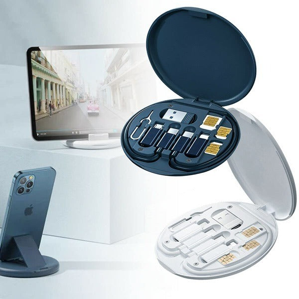 Multifunctional USB Data Cable Set, Storage Box with Multi USB Charging Adapter Cable Kit Micro USB A Type C Lighting, Charging and Data Transfer Cable Kit, Card Storage, Tray Eject Pin.