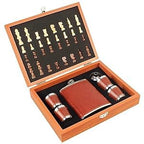 ZYOZ Wooden Chess Set with Leather Flask and 4 Shot Glasses, Travel Game Set, Brown