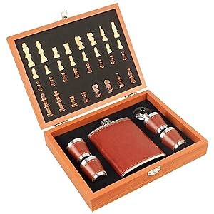 ZYOZ Wooden Chess Set with Leather Flask and 4 Shot Glasses, Travel Game Set, Brown