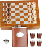 ZYOZ Wooden Chess Set with Leather Flask and 4 Shot Glasses, Travel Game Set, Brown