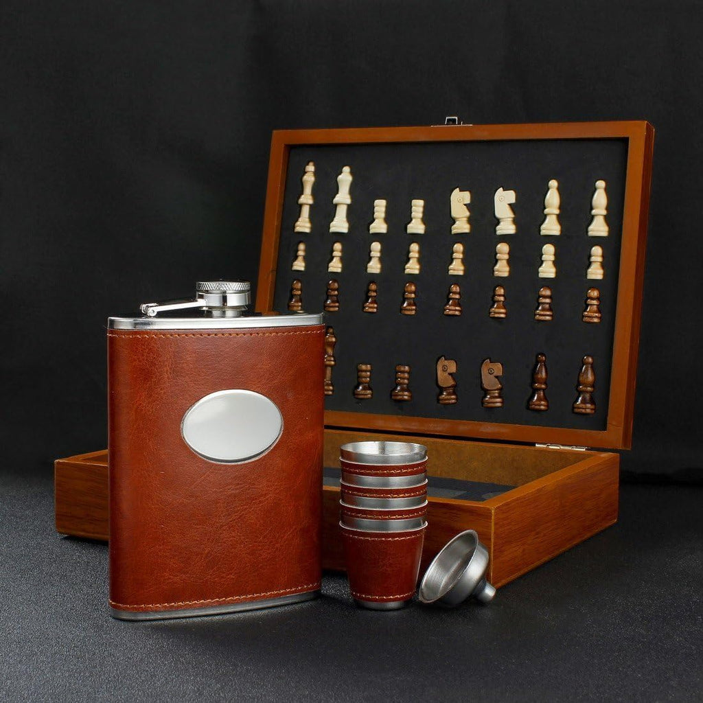 ZYOZ Wooden Chess Set with Leather Flask and 4 Shot Glasses, Travel Game Set, Brown