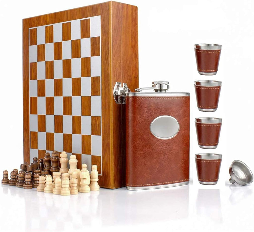 ZYOZ Wooden Chess Set with Leather Flask and 4 Shot Glasses, Travel Game Set, Brown