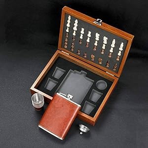 ZYOZ Wooden Chess Set with Leather Flask and 4 Shot Glasses, Travel Game Set, Brown