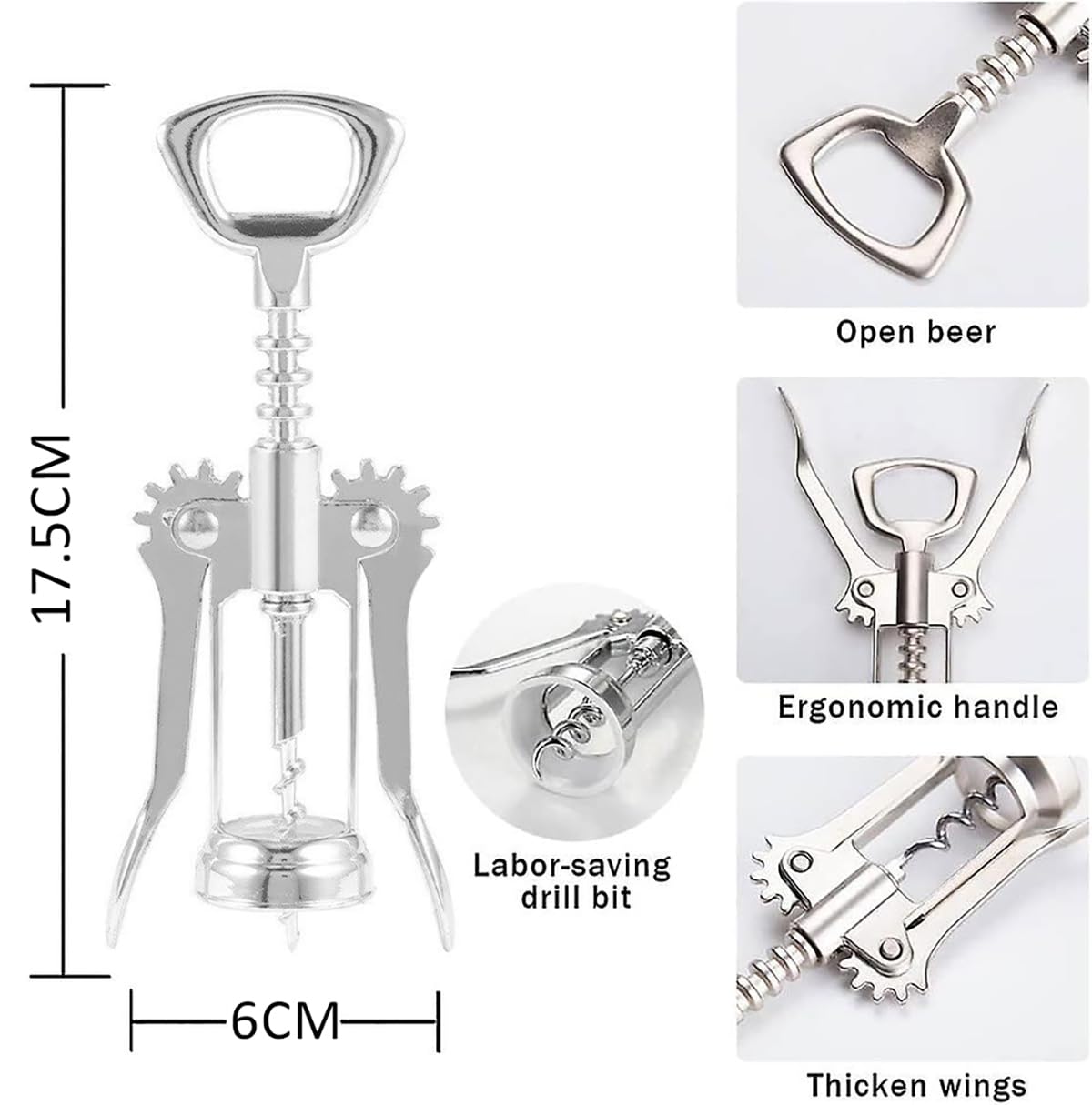 Multifunctional Wine Opener - Wing Corkscrew Beer and Wine Bottle Opener w/Winged Grip - Easy to Use Cork Remover, Used in Kitchen Chateau Restaurant Bars for Wine Enthusiast and (Silver, 18.5x5cm)
