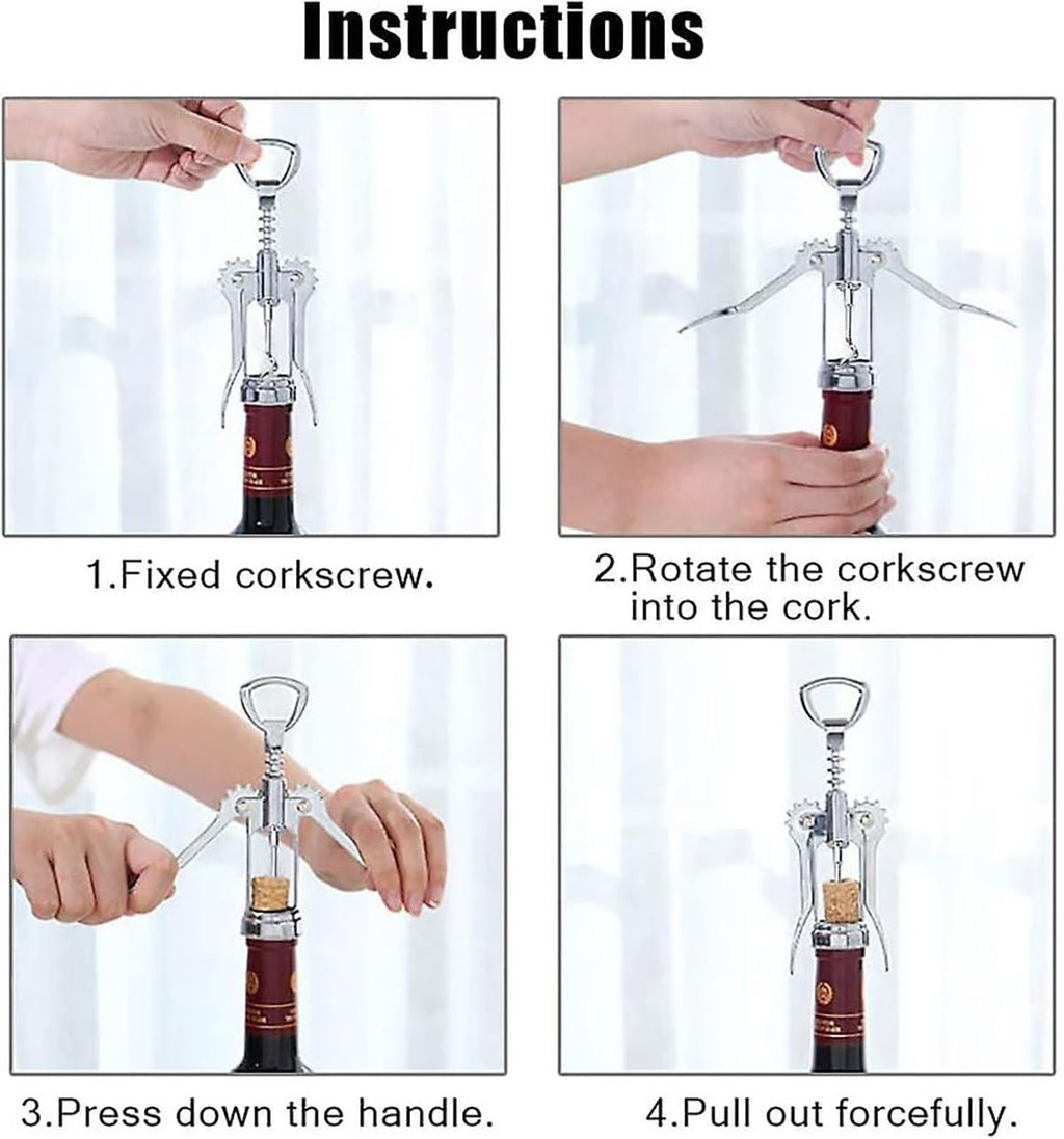 Multifunctional Wine Opener - Wing Corkscrew Beer and Wine Bottle Opener w/Winged Grip - Easy to Use Cork Remover, Used in Kitchen Chateau Restaurant Bars for Wine Enthusiast and (Silver, 18.5x5cm)