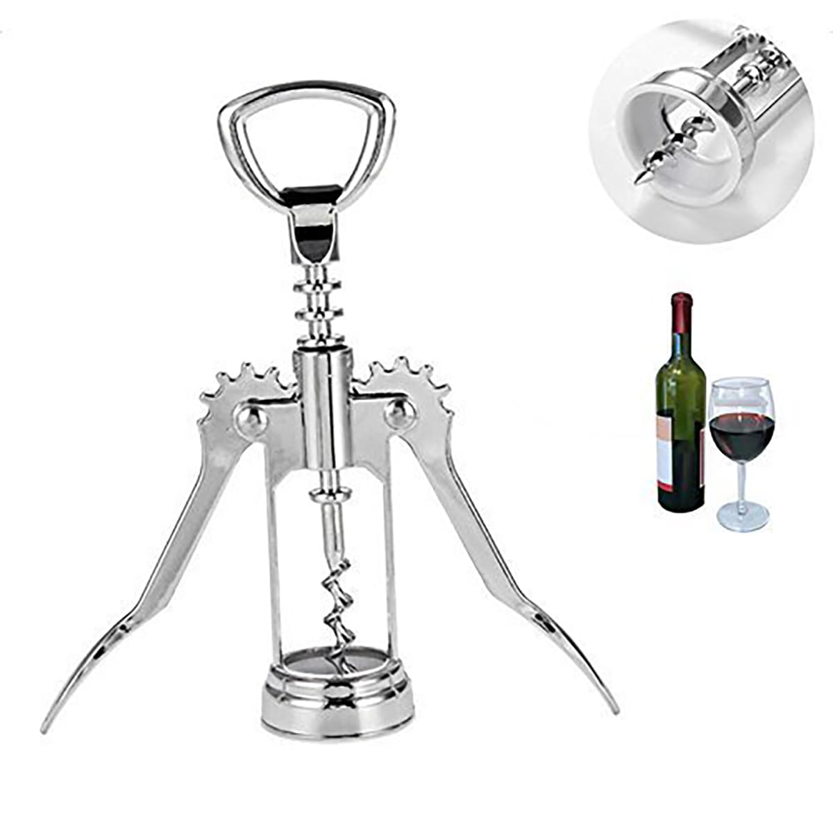 Multifunctional Wine Opener - Wing Corkscrew Beer and Wine Bottle Opener w/Winged Grip - Easy to Use Cork Remover, Used in Kitchen Chateau Restaurant Bars for Wine Enthusiast and (Silver, 18.5x5cm)