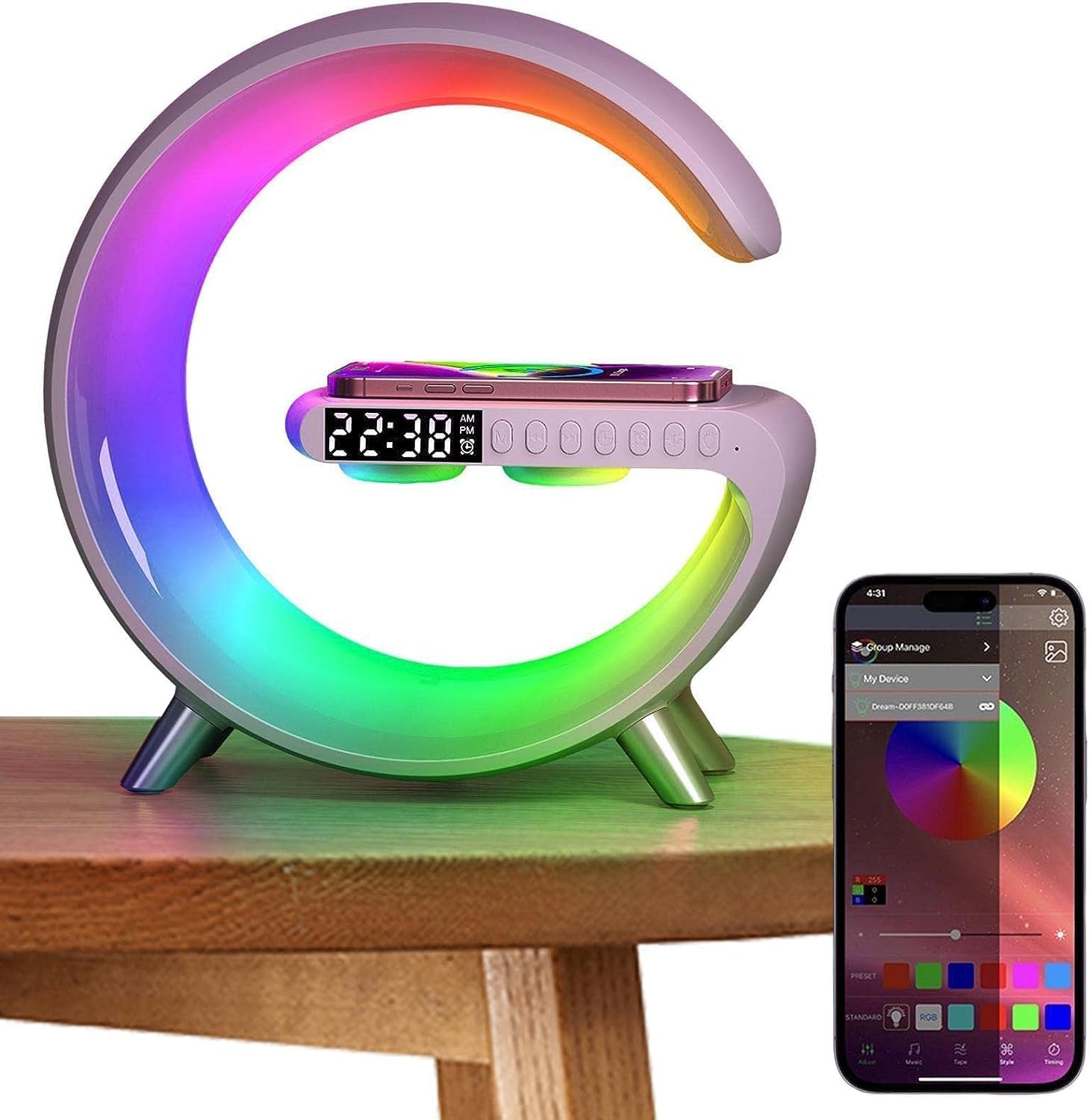Wireless Charger Lamp with Bluetooth Speaker, FM Radio & Dynamic RGB Mood Lights