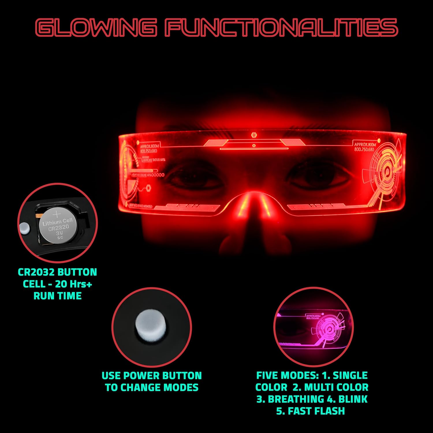 LED Light Up Rave Techno Sunglasses, Cyberpunk DJ Party Glasses, 7 Color Effects, 5 Flash Modes, for Festivals, Night Clubs and Night Events. Unisex