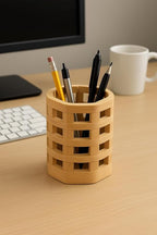 Multifunctional Wooden Desk Organizer for Stationery – Polygonal Bamboo Cup for Pens, Makeup Brushes, Art Supplies & Kitchen Cutlery – Perfect for Living Room & Dressing Table (1 Pcs)