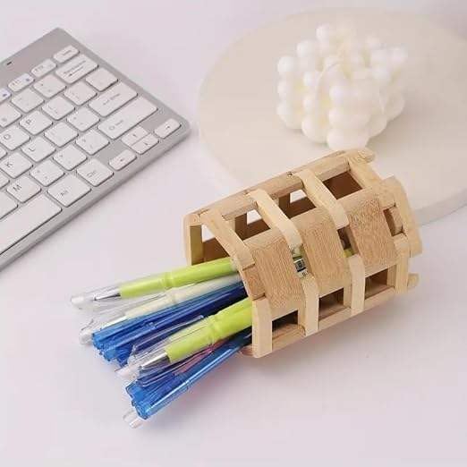 Multifunctional Wooden Desk Organizer for Stationery – Polygonal Bamboo Cup for Pens, Makeup Brushes, Art Supplies & Kitchen Cutlery – Perfect for Living Room & Dressing Table (1 Pcs)