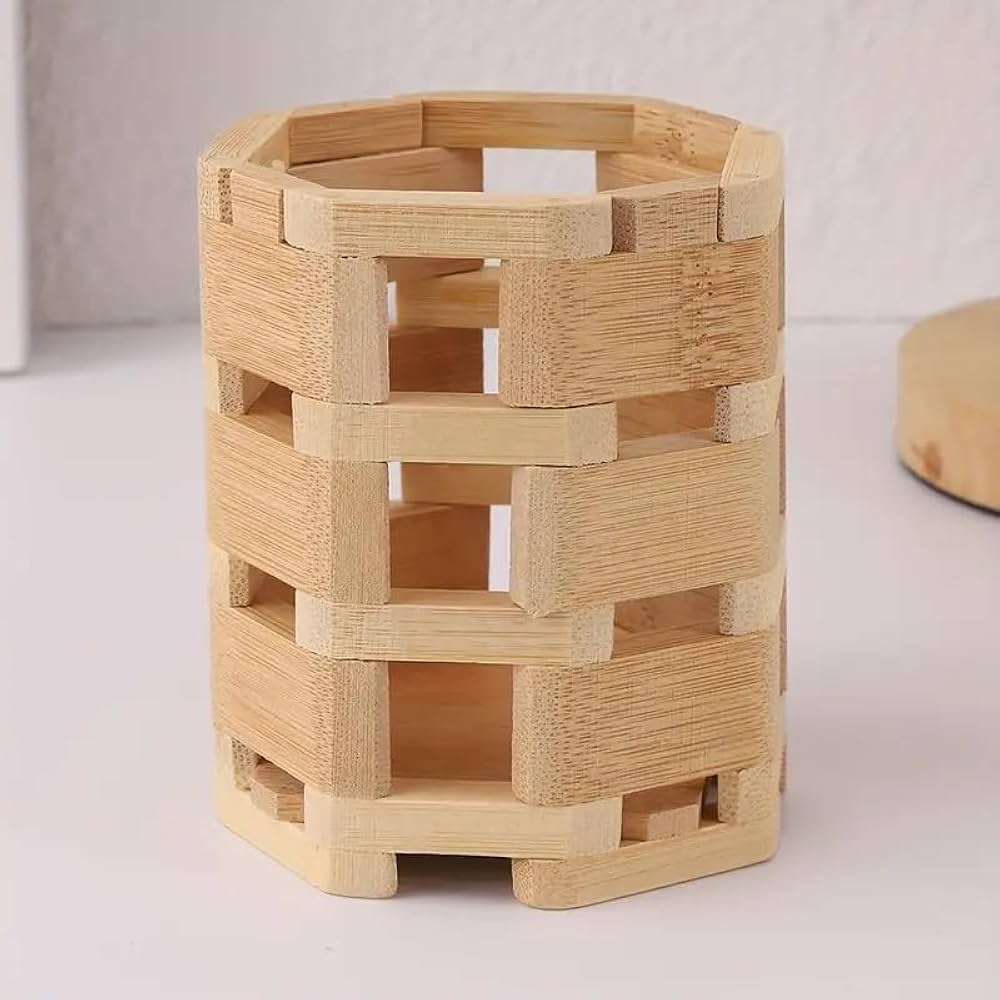 ZYOZ Multifunctional Wooden Desk Organizer for Stationery – Polygonal Bamboo Cup for Pens, Makeup Brushes, Art Supplies & Kitchen Cutlery – Perfect for Living Room & Dressing Table (1 Pcs) Main image