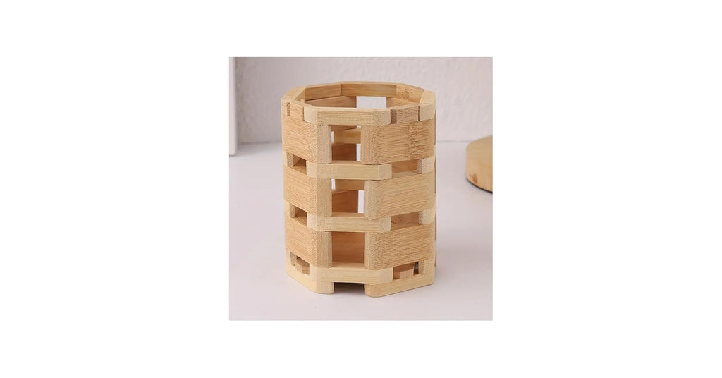 Multifunctional Wooden Desk Organizer for Stationery – Polygonal Bamboo Cup for Pens, Makeup Brushes, Art Supplies & Kitchen Cutlery – Perfect for Living Room & Dressing Table (1 Pcs)