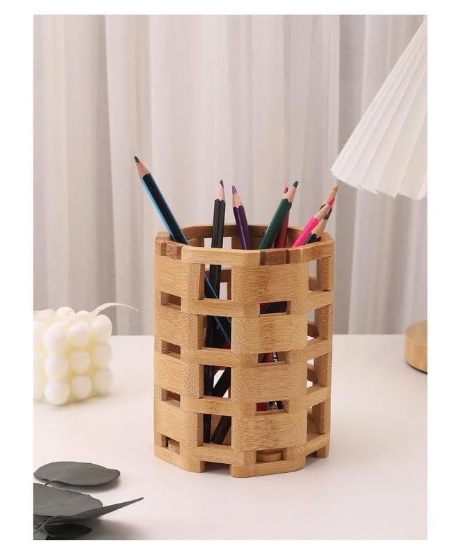 Multifunctional Wooden Desk Organizer for Stationery – Polygonal Bamboo Cup for Pens, Makeup Brushes, Art Supplies & Kitchen Cutlery – Perfect for Living Room & Dressing Table (1 Pcs)