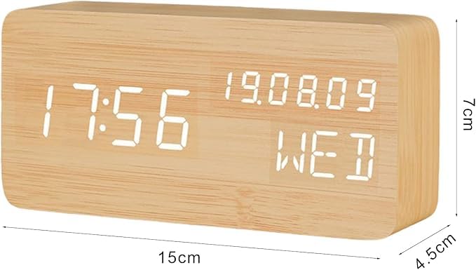 Alarm Clock Digital Voice Control Adjustable Brightness Fashion Desk Wooden Alarm Clock with Date and Day Display | Rectangular Student Time Reminder Sound Clock | Bed Side Table Watch