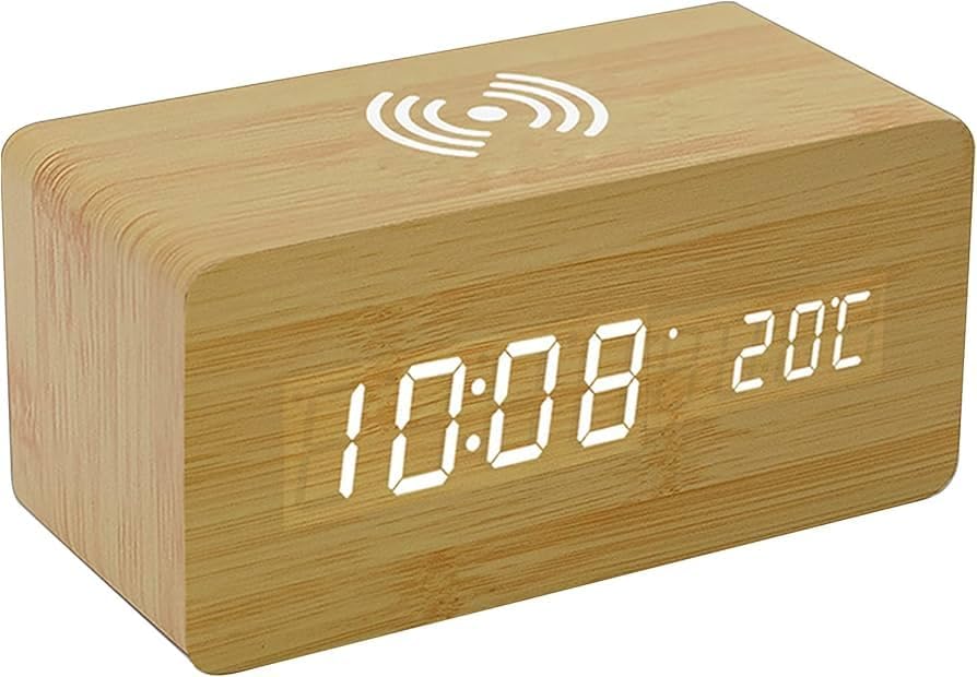 Alarm Clock Digital Voice Control Adjustable Brightness Fashion Desk Wooden Alarm Clock with Date and Day Display | Rectangular Student Time Reminder Sound Clock | Bed Side Table Watch