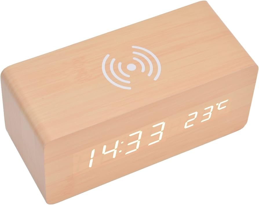 Alarm Clock Digital Voice Control Adjustable Brightness Fashion Desk Wooden Alarm Clock with Date and Day Display | Rectangular Student Time Reminder Sound Clock | Bed Side Table Watch