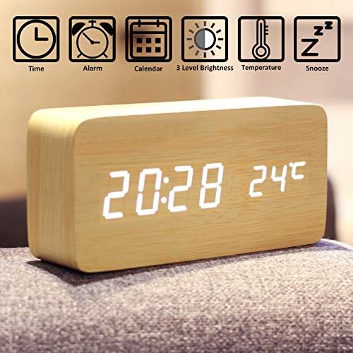 Alarm Clock Digital Voice Control Adjustable Brightness Fashion Desk Wooden Alarm Clock with Date and Day Display | Rectangular Student Time Reminder Sound Clock | Bed Side Table Watch