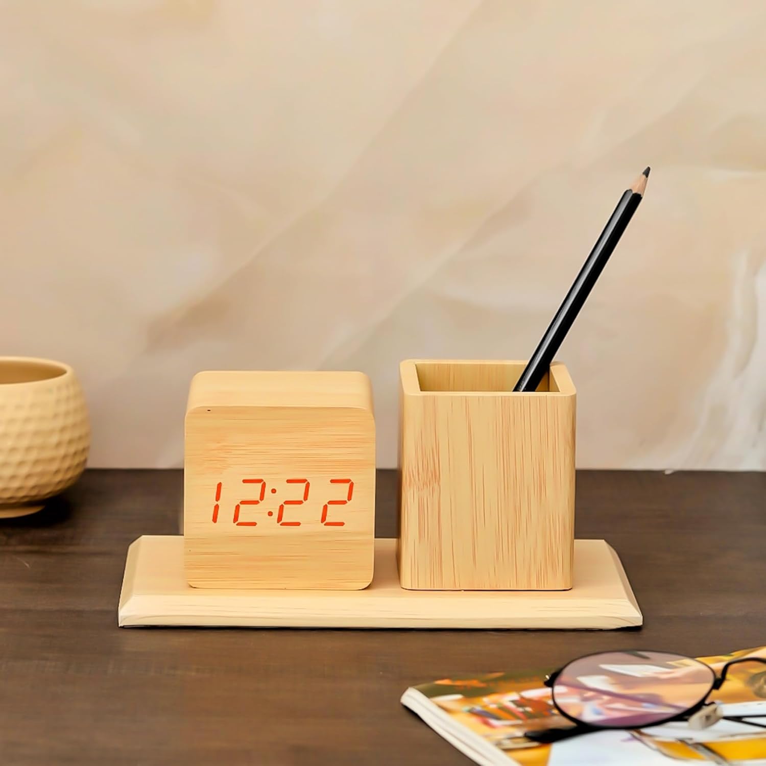 Digital Wooden Desk Clock with Desk Organizer, Table Clocks, Home Office Tabletop Clocks Main image