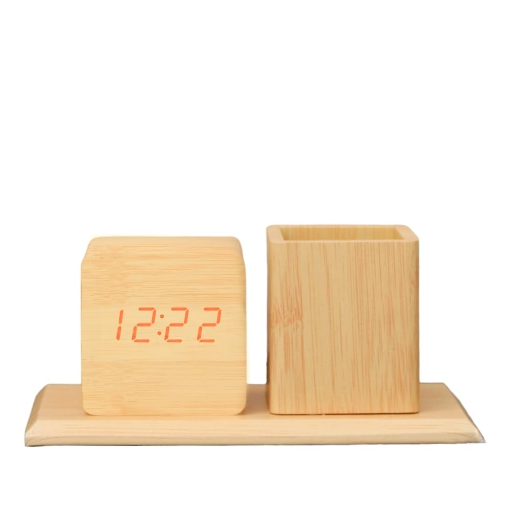 Digital Wooden Desk Clock with Desk Organizer, Table Clocks, Home Office Tabletop Clocks