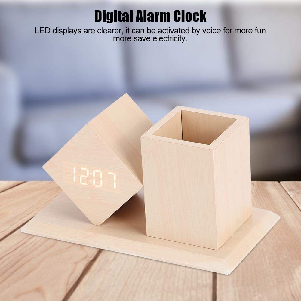 ZYOZ Wooden Digital Alarm Clock, LED Electronic Clock, USB Powered Desktop Table Clocks with Pen Holder Siutable for Students, Teens, Office Staff, etc