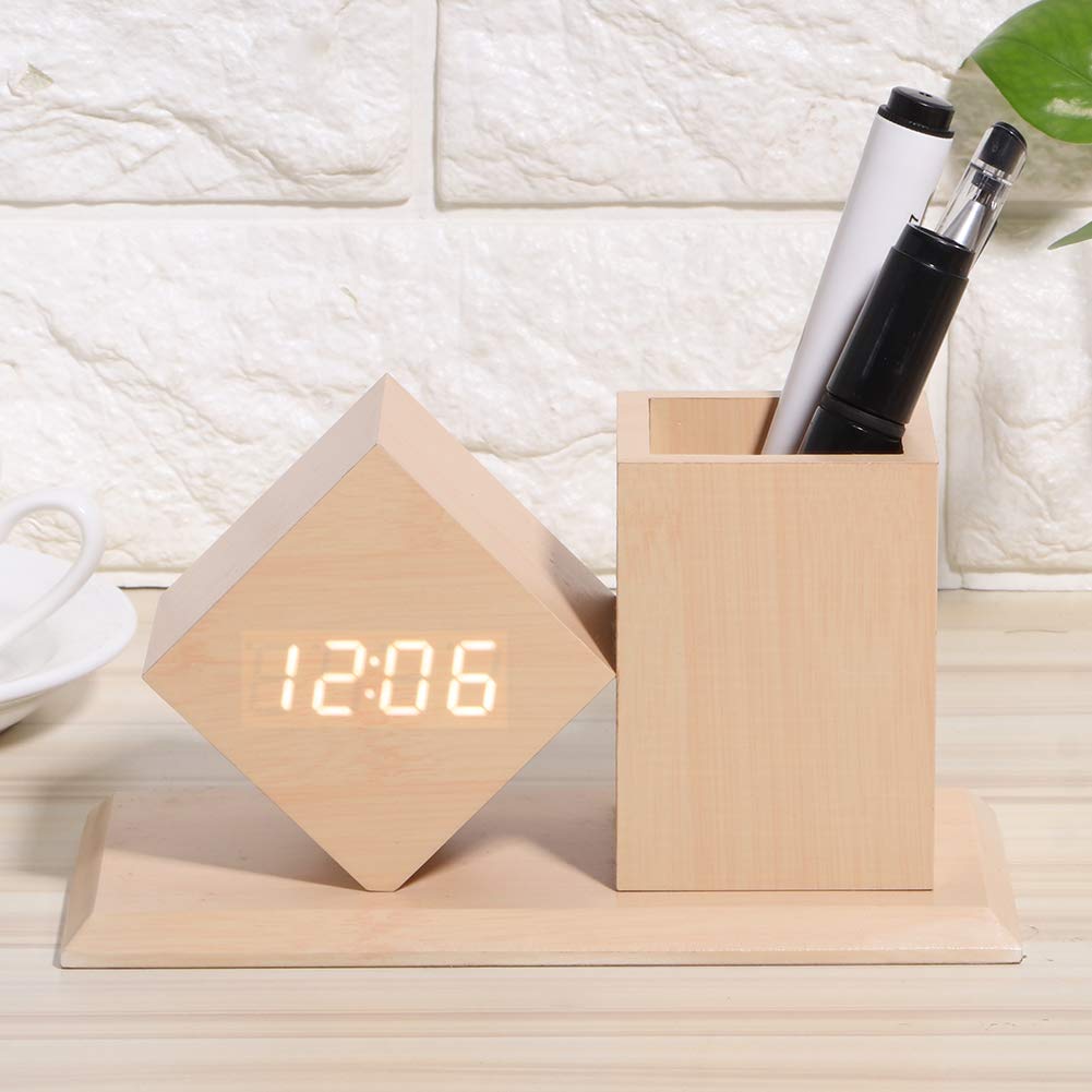 ZYOZ Wooden Digital Alarm Clock, LED Electronic Clock, USB Powered Desktop Table Clocks with Pen Holder Siutable for Students, Teens, Office Staff, etc