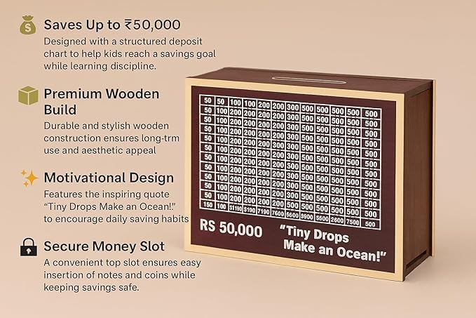 Premium Wooden Money Saving Box – Number Piggy Bank for Kids & Adults | Secure Coin & Cash Storage Box | Stylish Wooden Safe (50K Money Box, 1, Count)