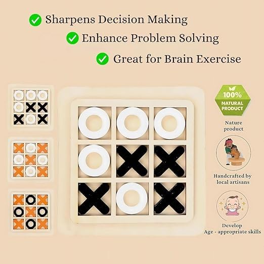 Classic Wooden Tic Tac Toe Game – Engaging XOXO Board Game for Kids & Adults, Fun Brain-Boosting Tabletop Toy, Perfect for Family Game Nights & Birthday Return Gifts (Ages 5-12)