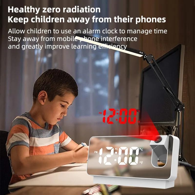 Projector LED Display Digital Projection Mute Mirror USB powwed Office Clock with 180° Projector for Bedroom Digital Temperature Display Clock